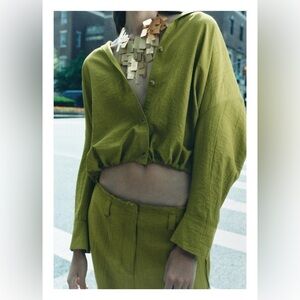 NEW ZARA ZW Collection Pistachio Green Wrinkled Satin Effect Button Front Top M